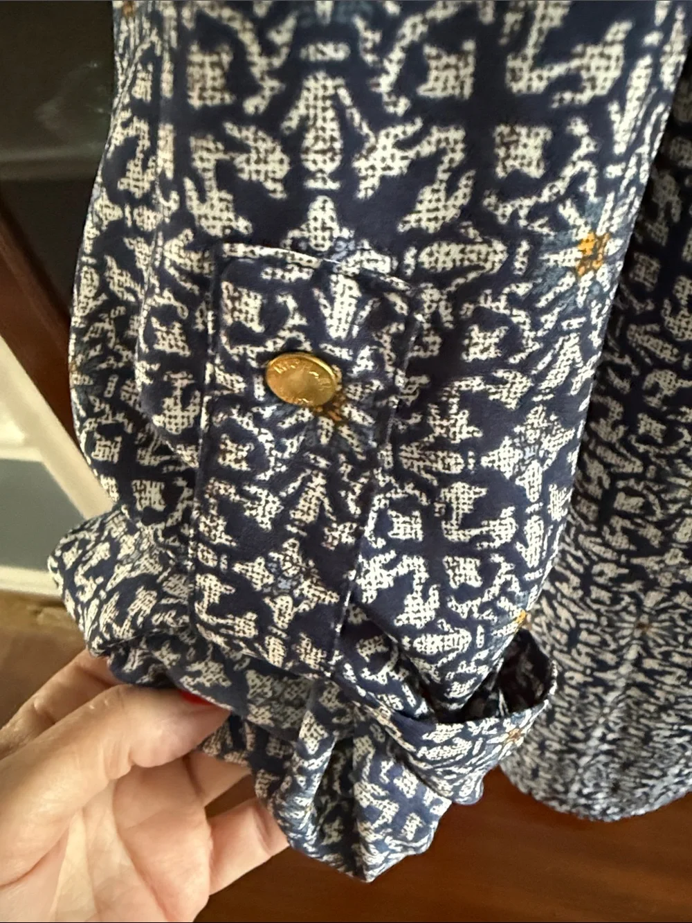 Michael Kors Navy and White Printed Zip-Front Blouse